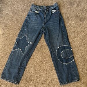 BDG Blue Jeans with Pink Star Embroidery
